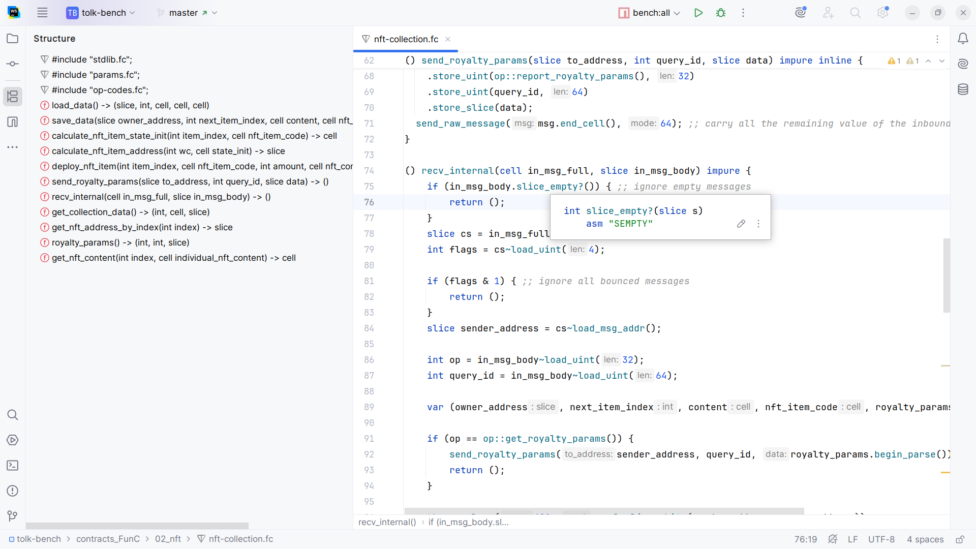 Screenshot of the FunC language support