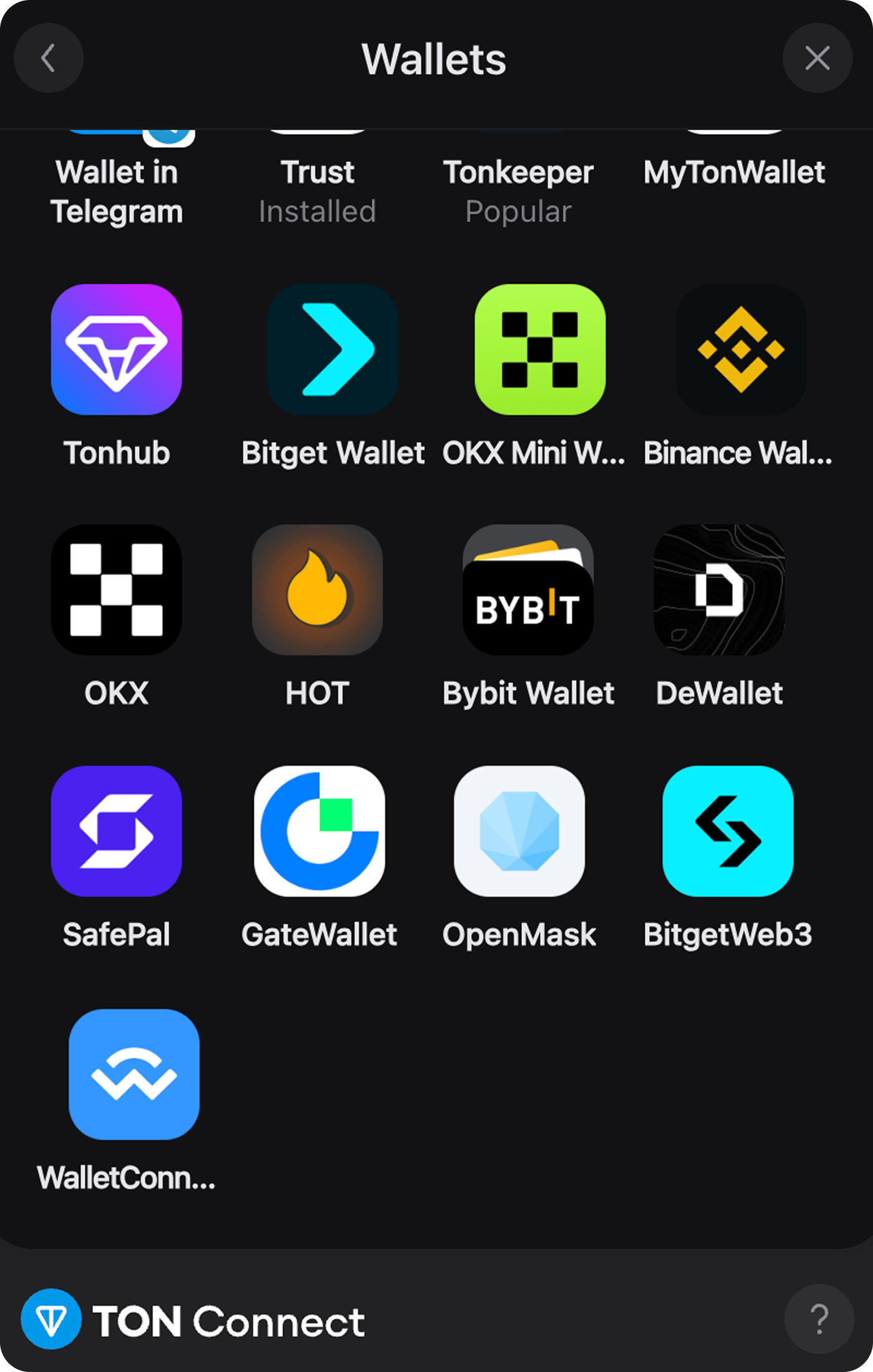 WalletConnect entry at the bottom of the TON Connect All Wallets modal