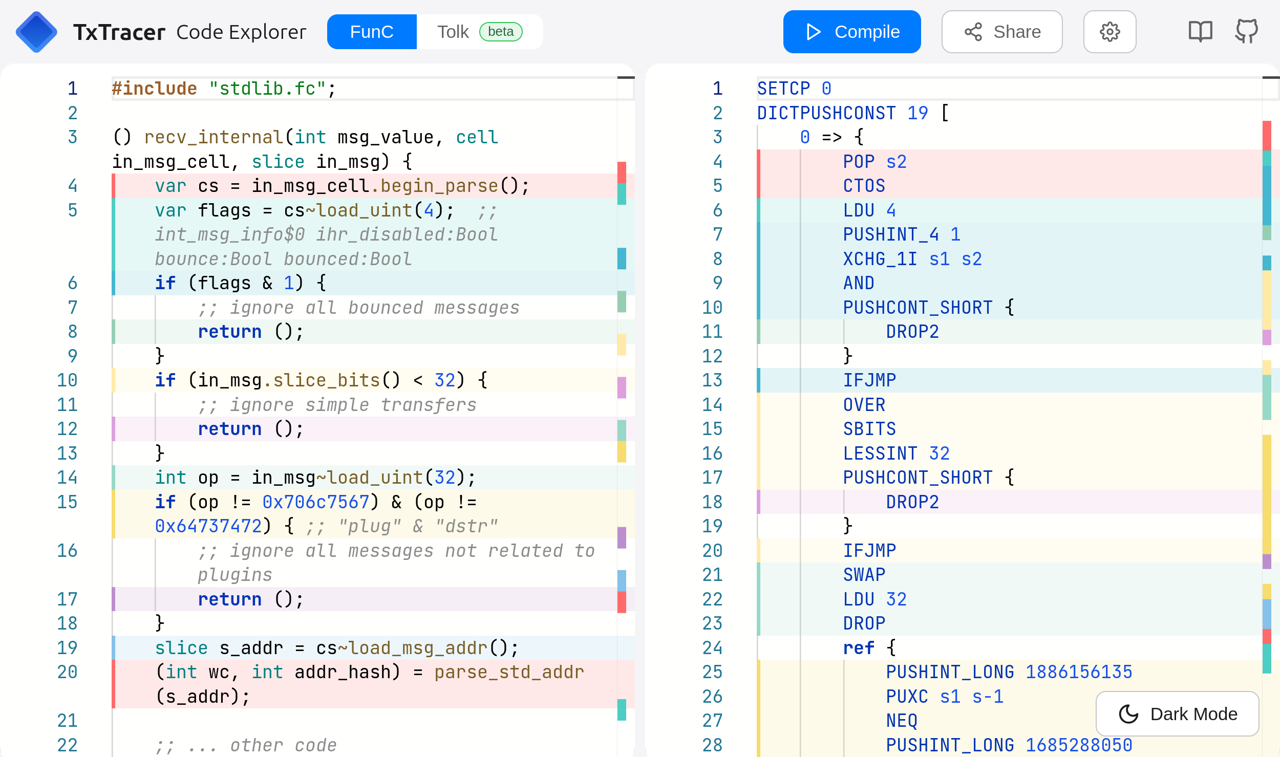 Screenshot of conversion of FunC to assembly