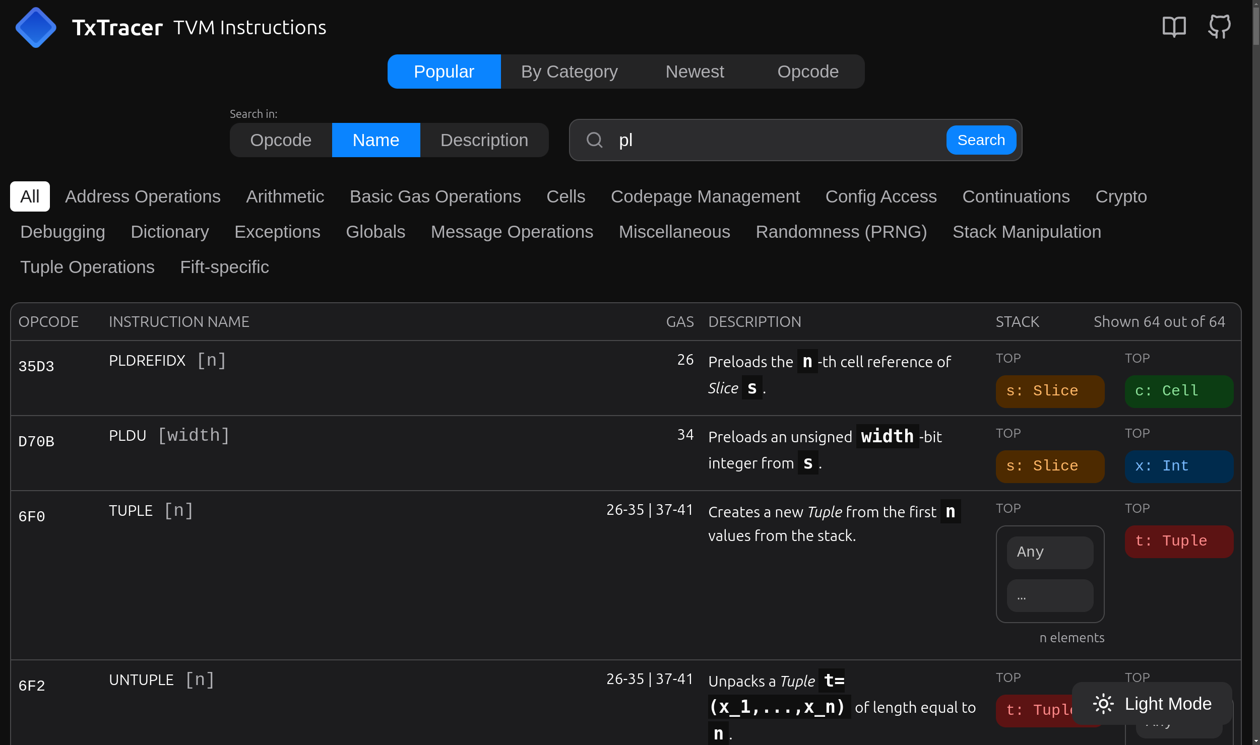 Screenshot of search in TVM specification by prefix 'pl'