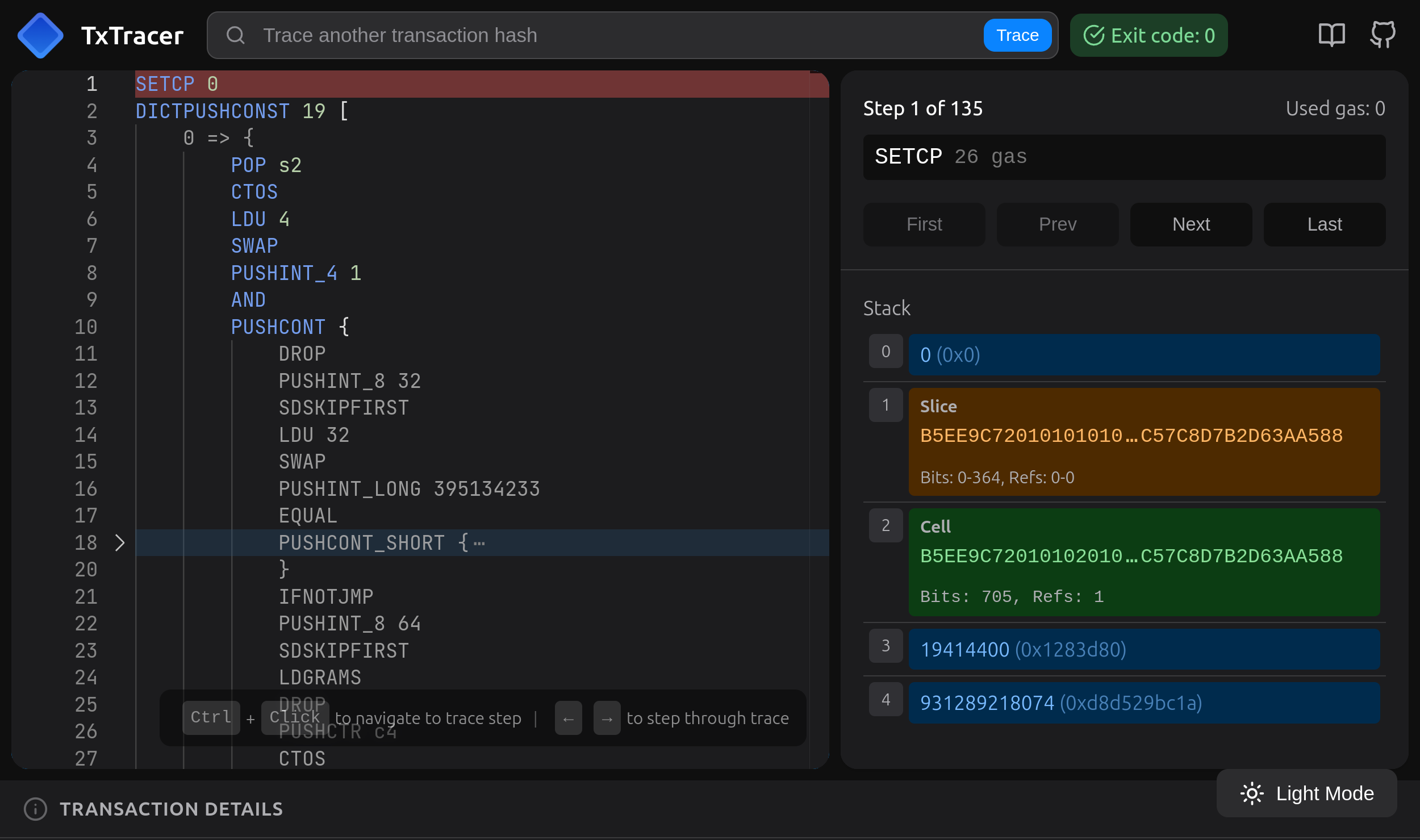 Screenshot of tracing by transaction hash