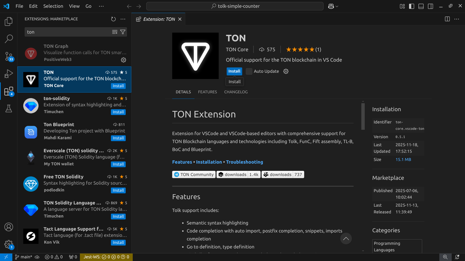 Screenshot of extension installation