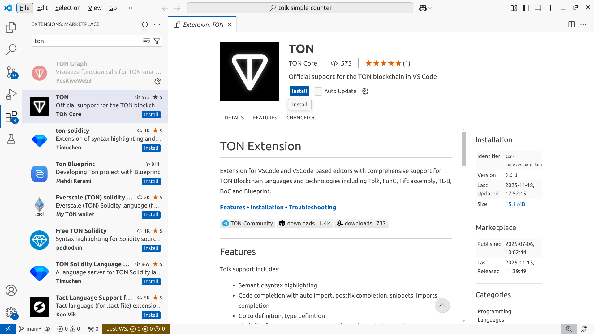 Screenshot of extension installation