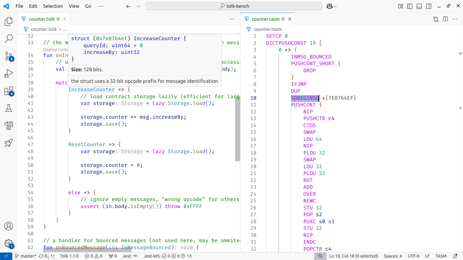 Screenshot of the TON Assembly (TASM) language support