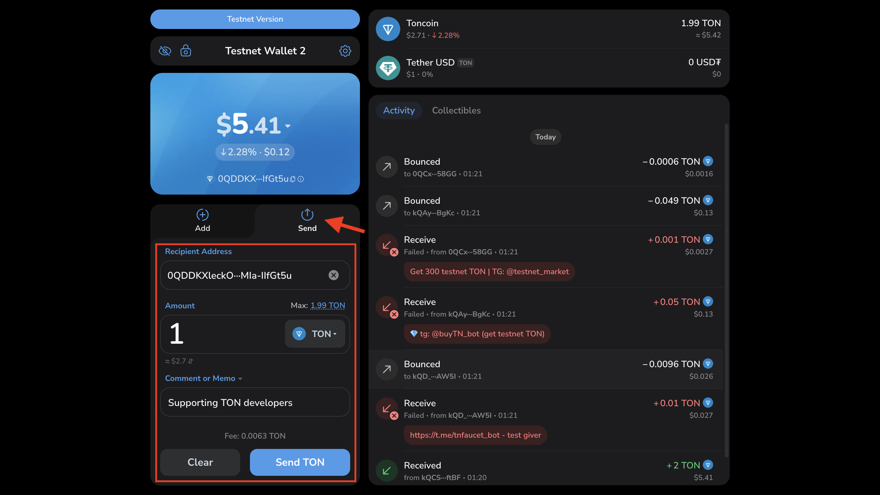Sending coins