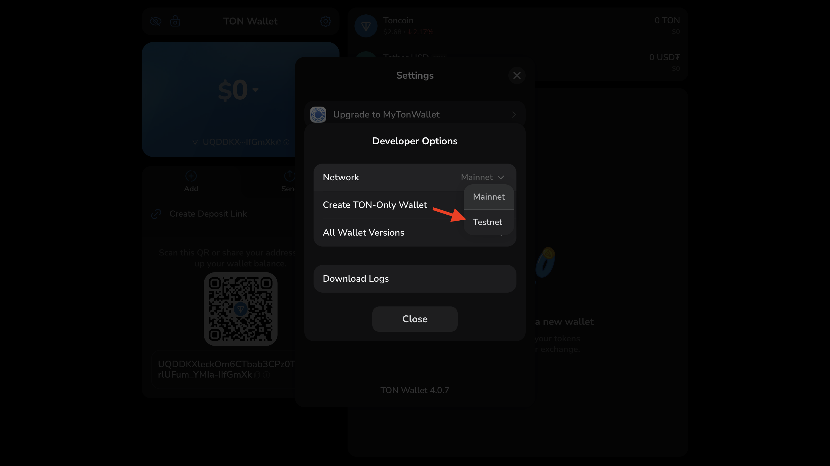Choose Testnet
